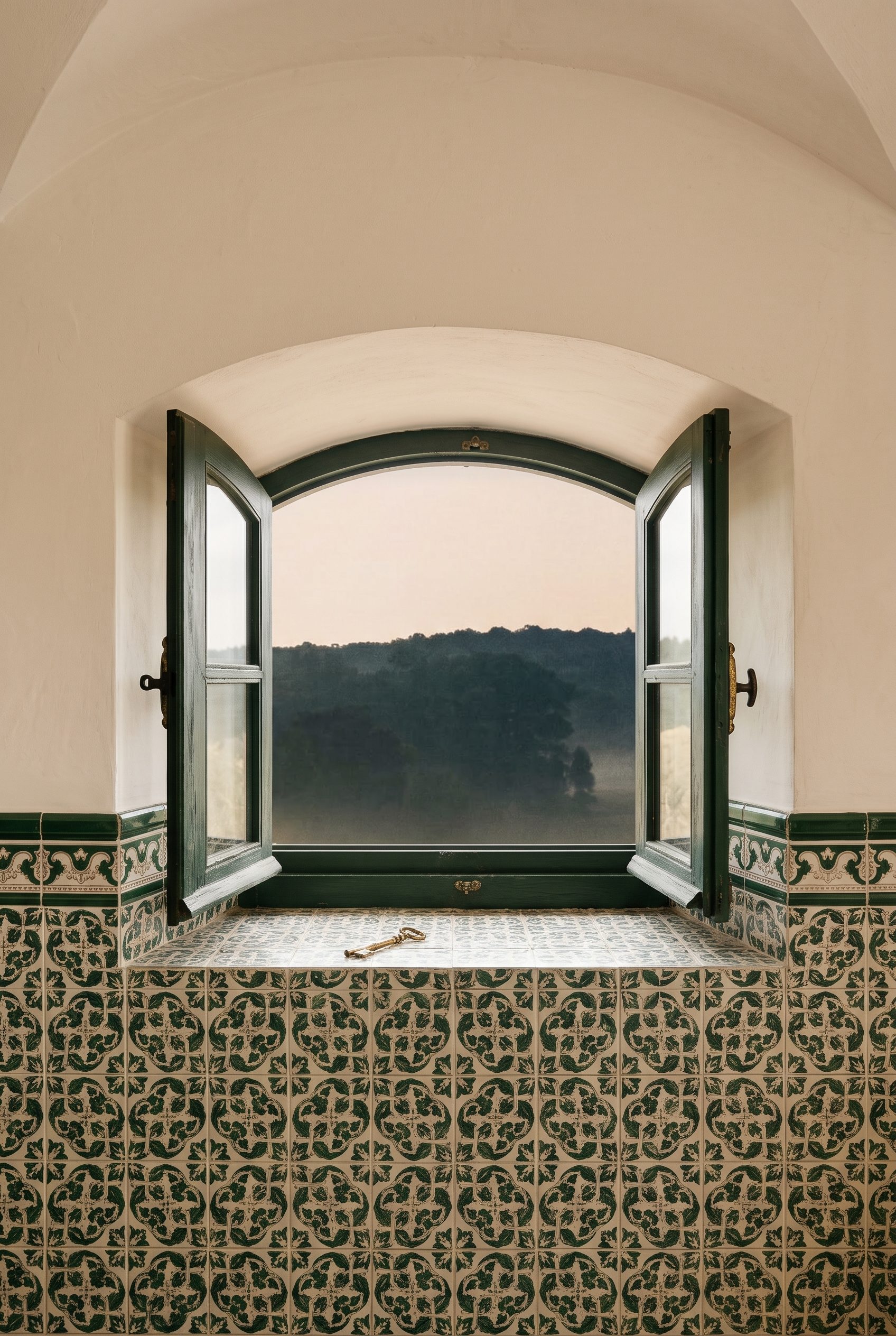 An open window looking out over green hills, a brass key on the sill
